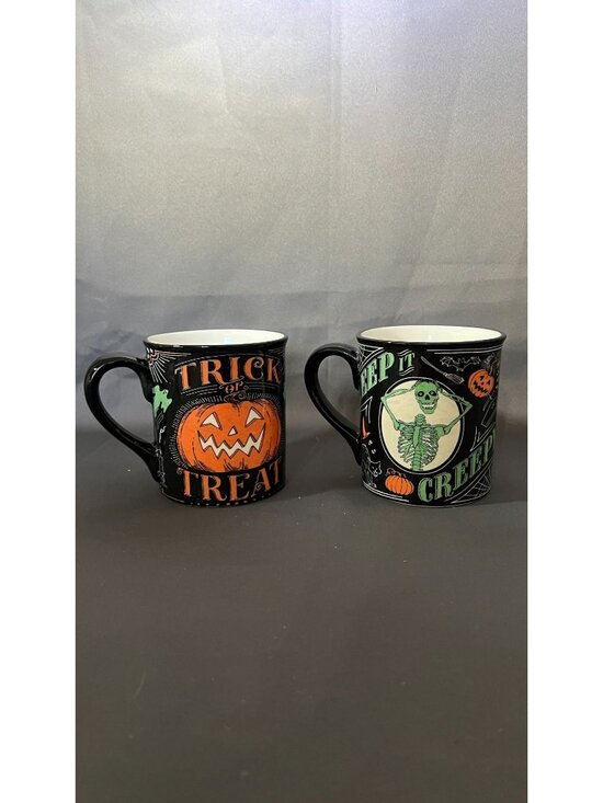 Other - Set Of Two Halloween Mugs Featuring Festive Trick Or Treat & Skeletal Design